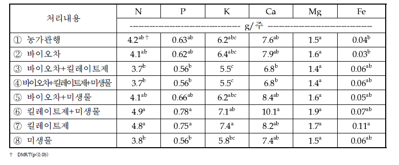 B농가 시험포장에서 처리별 수확기의 무기성분 흡수량