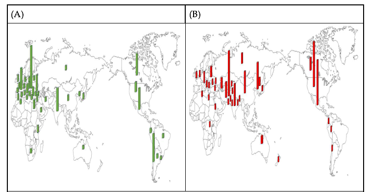 국가별 밀 유전자원 분포도. (A) ‘08-’20년 유전자원 국가별 분포, (B) ‘20-’21년 유 전자원 국가별 분포