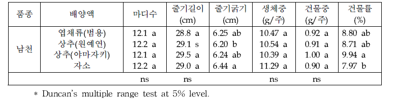 배양액 종류별 잎들깨 줄기 생육 (3월 2일 조사)