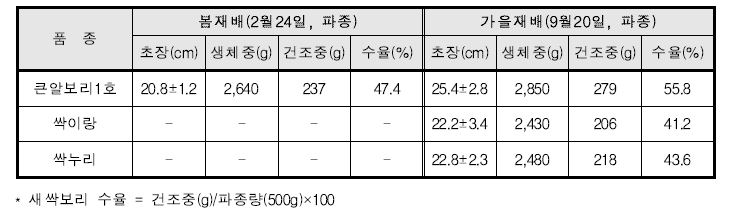 새싹보리 품종별 봄, 가을 재배 시 생육조사 결과