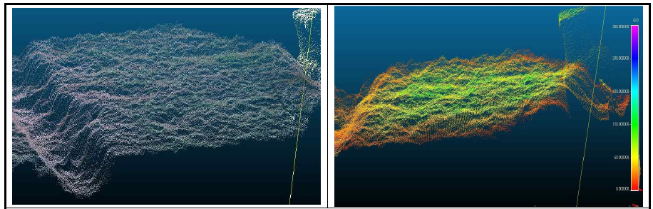 깊이센서를 이용한 밀 생육영상, RGB정합(좌), 스칼라(우)
