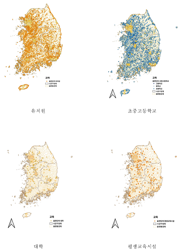 교육부문 현황도(유치원, 초중고, 대학, 평생교육시설)