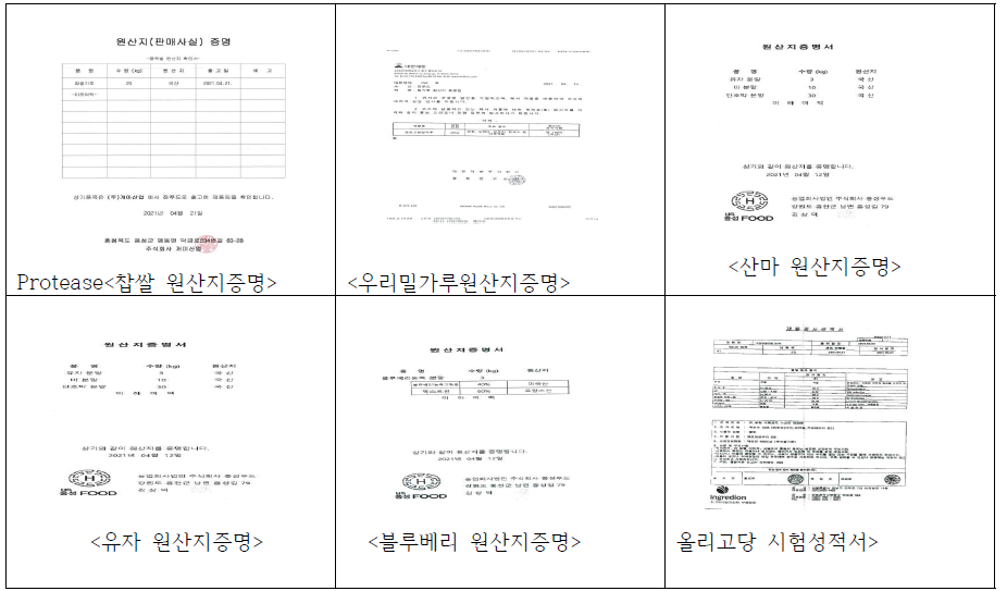 원료소재별 품질증명 서류