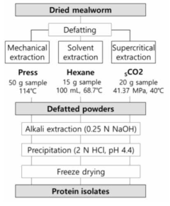 건조된 밀웜으로부터 오일과 단백질을 분리하기 위한 도식도. (압착추출, 헥산용매추출, 초임계유체 추출법)