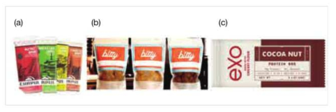 북미의 대표적 식용곤충 제품들. (a) Chapul의 에너지바, (b) Bitty foods의 곤충 쿠키, (c) exo의 코코아 넛 에너지 바. (출처: 해당 업체의 홈페이지)