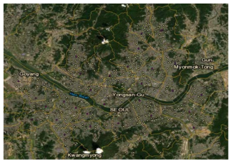 서울지역 KT 기상관측지점(노란색) 중 1~3km 간격으로 2.5m 높이 선택지점(자주색)