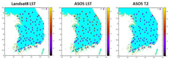 2015년부터 2019년의 시공간 일치된 Landsat8 LST, ASOS LST와 기온(T2) 분포