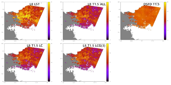 2018년 5월 25일 11:10의 1km 기온상세장(DSFD T1.5)과 시공간 일치된 Landsat8 LST(L8 LST), 단일식(L8 T1.5 ALL), 지표유형별 식(L8 T1.5 LC), 지표유형그룹별 식(L8 T1.5 LCG)을 적용한 기온의 분포