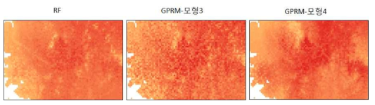 RF모형3, 모형4의 서울인근 지역 최고기온 공간분포 비교