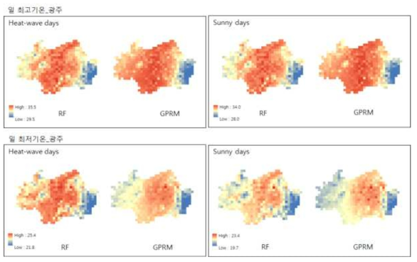 광주지역 폭염사례일과 일반 여름사례일의 기법별(RF/GPRM) 공간편차 비교