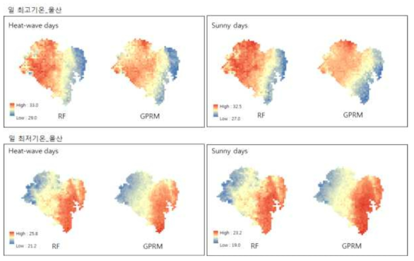 울산지역 폭염사례일과 일반 여름사례일의 기법별(RF/GPRM) 공간편차 비교