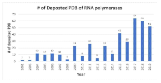 연도 별 Protein Databank에 등록된 RNA 중합효소 구조의 개수 (www.rcsb.org)
