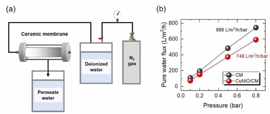 (a) 수투과도 측정 반응기 및 (b) 촉매 담지 전후 세라믹 분리막의 수투과도 평가 결과
