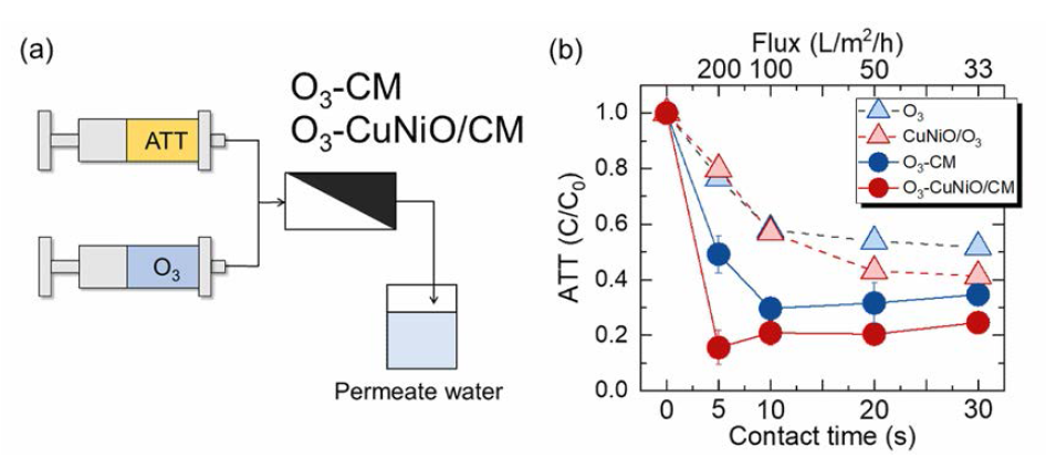 (a) 촉매오존산화공정-세라믹 분리막 융합 공정 모듈 및 (b) 접촉시간에 따른 공정 별 ATT 제거율 평가