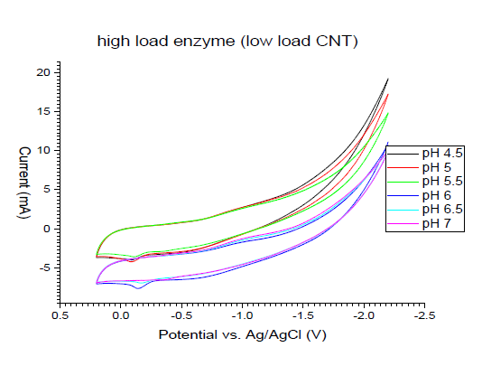 pH에 따른 MBP-CDHa 전극의 cyclic voltammogram (카페인 농도 : 10 mM)