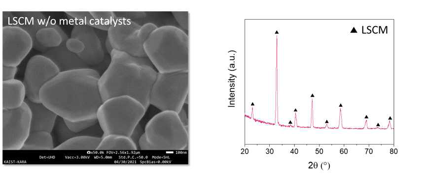 LSCM 전극의 주사전자현미경 사진 및 엑스선 회절 패턴 분석 결과