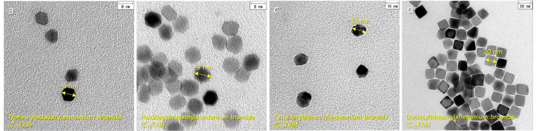 수용액 기반 제작된 서로 다른 크기의 백금나노입자 투과전자현미경(TEM) 이미지. (a) C18TAB, (b) C16TAB, (c) C14TAB, (d) C12TAB 계면활성제 사용 결과