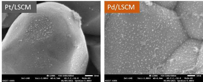 백금/LSCM(좌) 및 팔라듐/LSCM(우)의 650도, 24시간 환원분위기 열처리 후 주사전자현미경 이미지