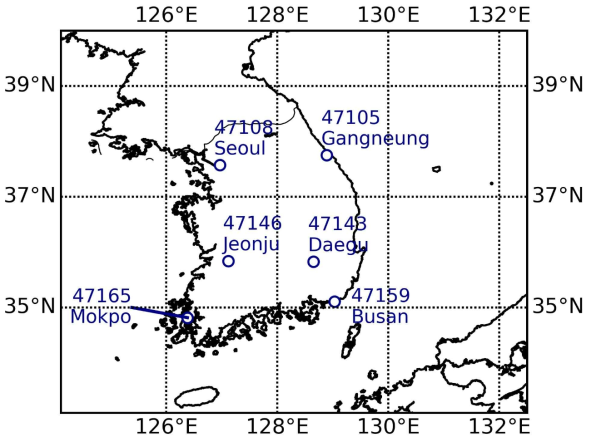 분석에 사용된 관측소 번호 및 분포도