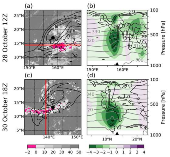 (a, c) 350-K 잠재 와도 (윤곽선, 1, 2, 4 PVU) 및 MTSAT-1R 적외선 및 수증기 채널 밝기 온도 이미지 (음영). 검은색 점은 최대 와도 위치를 나타낸다. 깊은 대류로 지역을 가로지르는 붉은색 선 다음의 연직 단면이 오른쪽 열에 표시된다. (b, d) 에르텔 잠재 와도 (검은색 선, 0.4, 1, 2 PVU), 잠재 기온 (회색선, K) 및 준지균 연직 속도 ω (shading, 10−1 Pa/s) 횡단면. 삼각형은 (b)와 (d)의 경도와 위도가 같은 빨간색 선의 중심이며, 각각 (a)와 (c)의 최대 와도 위치를 나타낸다. 최 상단 그림의 시간은 10월 28일 12:00 UTC이고 하단 그림의 시간은 10월 30일 18:00 UTC이다