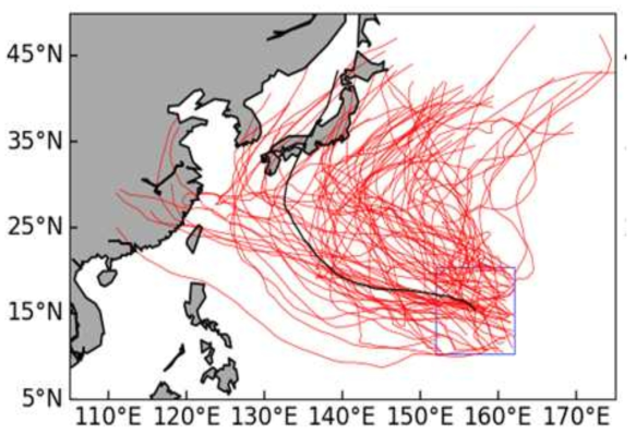 태풍 제비의 경로 예측을 위해 선정한 과거 태풍들의 경로(붉은색 실선)와 태풍 제비의 경로(검은색 실선). 파란색 상자는 태풍 제비의 발생 위치를 중심으로 하는 위경도 10°x10의 범위를 나타낸다