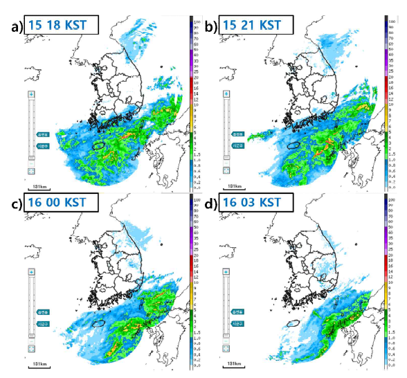 Radar reflectivity (hourly precipitation rate) for a CP expansion with southern Low system type Kor’easterlies case