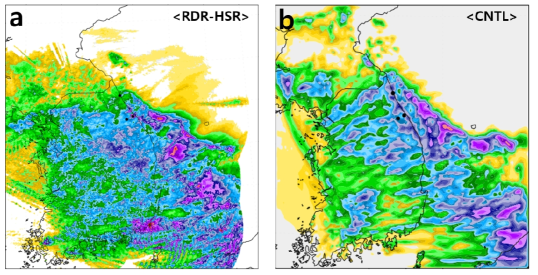 Spatial distribution of 12 hrs accumulated precipitation from 0600 UTC to 1700 UTC 15 March 2019 (in mm) for (a) RDR-HSR (Radar-Hybrid Surface Rainfall) observation and (b) WRF default simulation (CNTL) within the domain 2