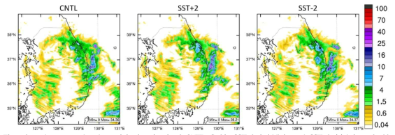 1-hr accumulated precipitation (mm) of CNTL (left), SST+2 (middle), and SST-2 (right) at 21:00 KST 15th March 2019