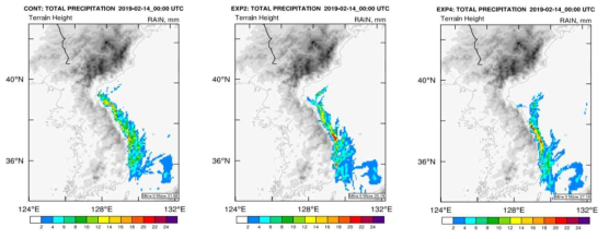 12 hrs accumulated precipitation of CONT, EXP2, and EXP4 from 2019-02-13 12 UTC to 2019-02-14 00 UTC