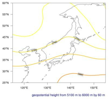 Trough/Ridge type pattern with 500 hPa geopotential height, when ordinary rain occurs in Summer
