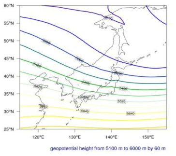 Okhotsk trough type pattern with 500 hPa geopotential height, when ordinary rain occurs in winter