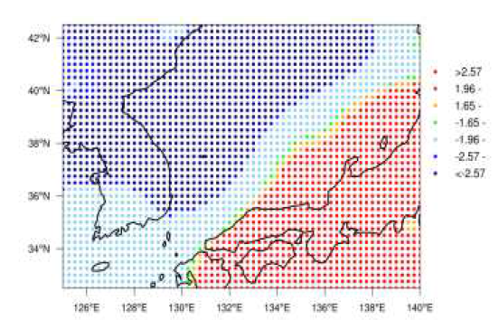 Averaged local general G of wind direction at 1000 hPa for heavy rain cases