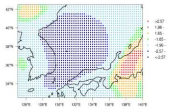 Averaged local general G of u-wind at 1000 hPa for rain cases
