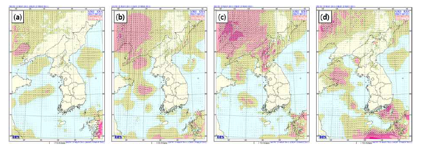 Local wind vector chart for the Korean Peninsula of low temperature case on 25th May 2011; (a) 00 UTC, (b) 03 UTC, (c) 06 UTC, and (d) 09 UTC (from KMA)