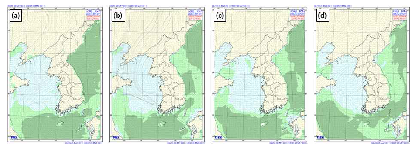 Local streamline and humidity chart for the Korean Peninsula of low temperature case on 25th May 2011; (a) 00 UTC, (b) 03 UTC, (c) 06 UTC, and (d) 09 UTC (from KMA)