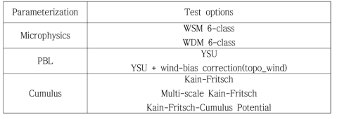Summary of options for physical parameterization test