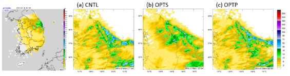 AWS precipitation observation (mm; left) and 12-hr accumulated precipitation (mm) of (a) CNTL, (b) OPTS, and (c) OPTP at 21:00 KST 15th March 2019