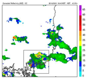 Radar reflectivity and CC(blue marks)at 4.5km data at 1640 LST on 01 Aug. 2016