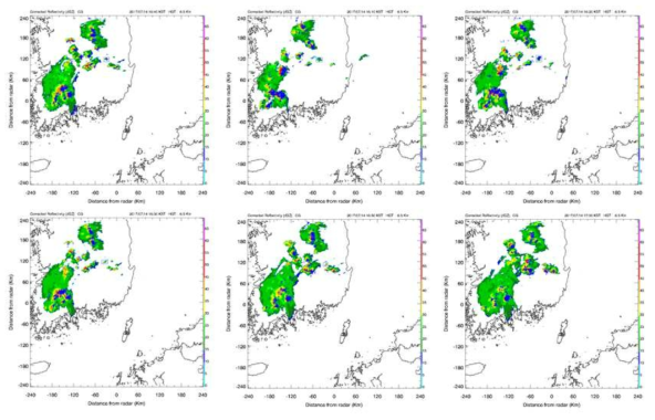 Reflectivity at 6 km height with overlaid lightning from 1610 LST to 1700 LST on 14 July in 2017. The rectangle shows the targeted convective cell