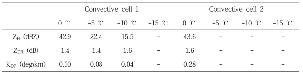 The maximum value of polarimetric variables observed at convective cell with lightning