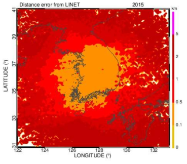 Spatial distribution of mean 2D error(km) in 2015