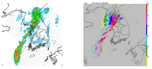 Radar CAPPI display(right) and distribution of lightning detection in KMA for 2100 LST on 02 April 2015