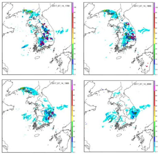 Distribution of lightning activity measured by LINET(red dot) and radar rainrate(shadow area) from 1400 to 1700 LST on 14 July 2017