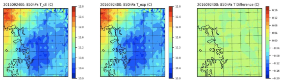 850hPa 기온 분석장 비교 : 실험 A(ctl), 실험 C(exp), 실험 C – 실험 A