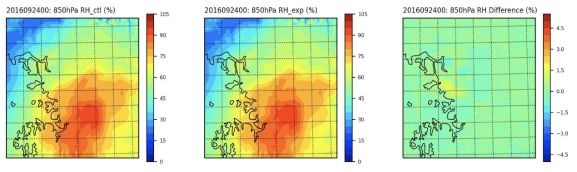 850hPa 습도 분석장 비교 : 실험 A(ctl), 실험 C(exp), 실험 C – 실험 A