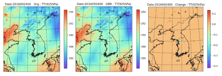 2016.09.24.00UTC에서의 925 hPa 기온 분석장 비교