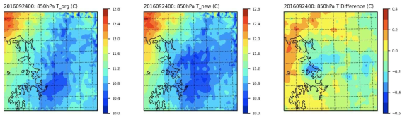 1.6km 해상도 수행 영역의 850hPa 기온 분석장