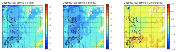 1.6km 해상도 수행 영역의 950hPa 기온 분석장