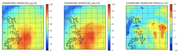 1.6km 해상도 수행 영역의 850hPa 습도 분석장