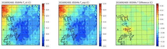 850hPa 기온 분석장 비교 : 실험 A(ctl), 실험 B(exp), 실험 B – 실험 A